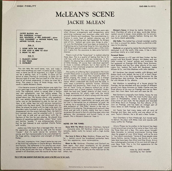 Jackie McLean - McLean's Scene (Vinyl, LP, Album, Reissue, Mono) Very Good (VG) / Very Good Plus (VG+)