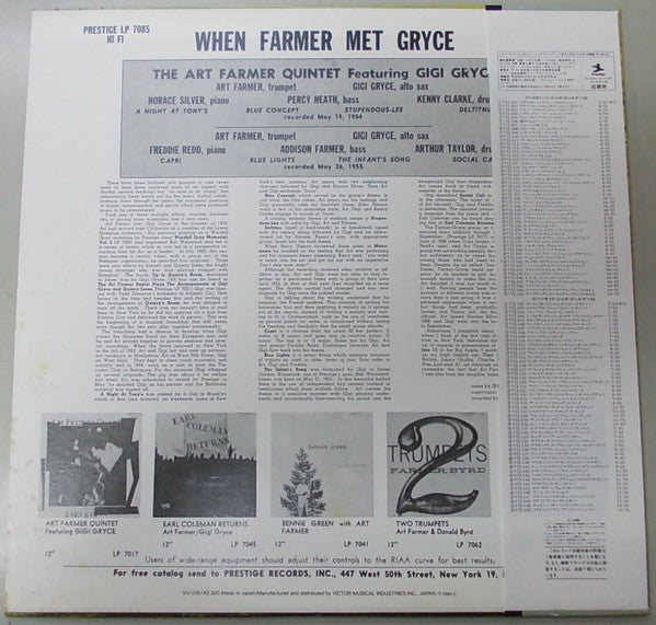 Art Farmer Quintet - When Farmer Met Gryce (Vinyl, LP, Album, Reissue, Mono) Very Good Plus (VG+) / Very Good Plus (VG+)