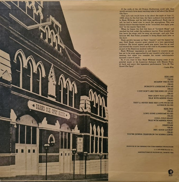 Hank Williams - Live At The Grand Ole Opry (Vinyl, LP, Album) Very Good Plus (VG+) / Very Good Plus (VG+)