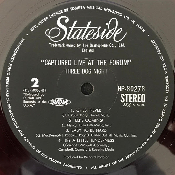 Three Dog Night - Captured Live At The Forum (Vinyl, LP, Album, Stereo) Very Good Plus (VG+) / Very Good (VG)