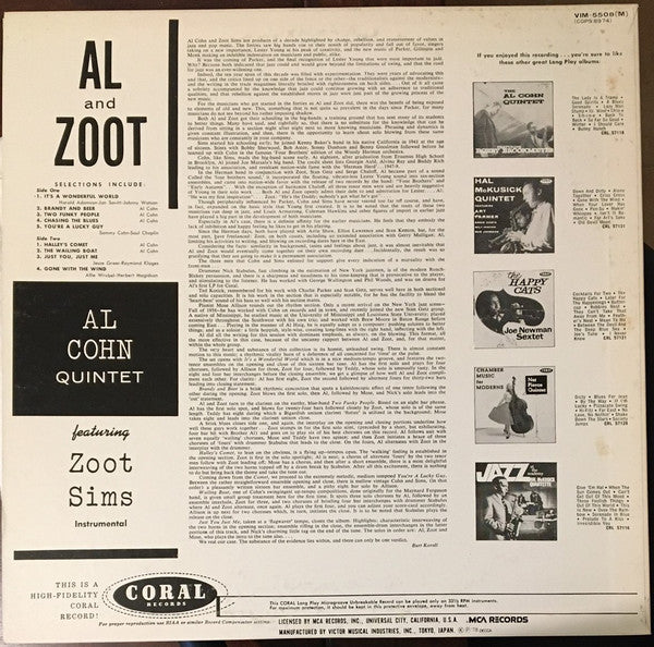 Al Cohn Quintet - Al And Zoot (Vinyl, LP, Album, Reissue, Mono)