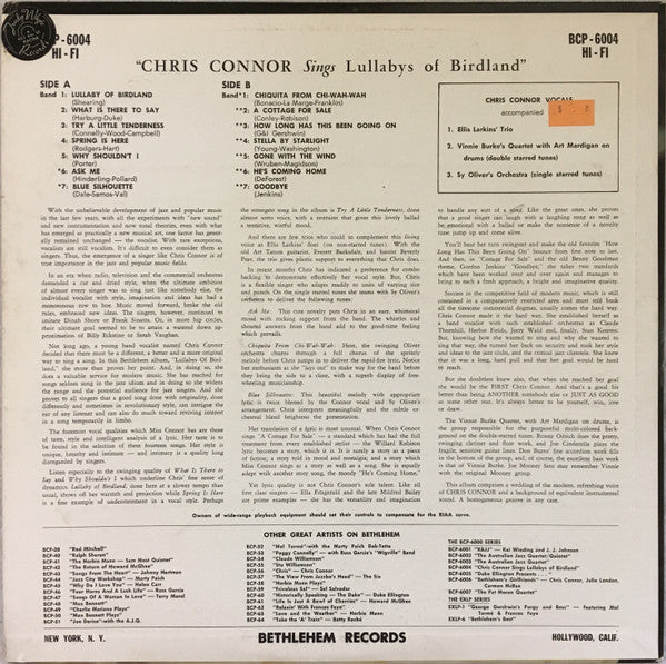 Chris Connor - Sings Lullabys Of Birdland (Vinyl, LP, Album, Reissue, Repress, Mono) Good Plus (G+) / Fair (F)