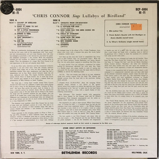 Chris Connor - Sings Lullabys Of Birdland (Vinyl, LP, Album, Reissue, Repress, Mono) Good Plus (G+) / Fair (F)