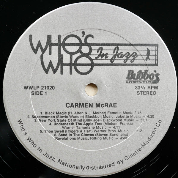 Carmen McRae - Recorded Live At Bubba's (Vinyl, LP, Album) Very Good Plus (VG+) / Very Good (VG)