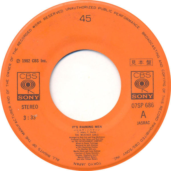 The Weather Girls - It's Raining Men (Vinyl, 7", 45 RPM, Single, Stereo) Very Good Plus (VG+) / Very Good Plus (VG+)