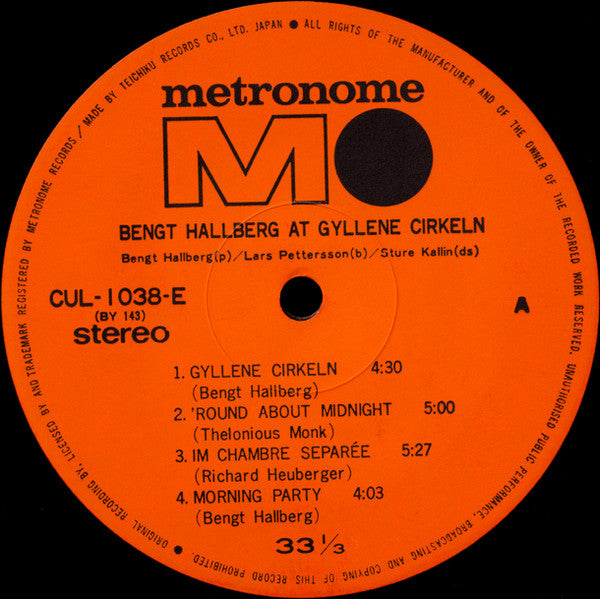 Bengt Hallberg - At Gyllene Cirkeln (Vinyl, LP, Reissue) Very Good Plus (VG+) / Very Good Plus (VG+)