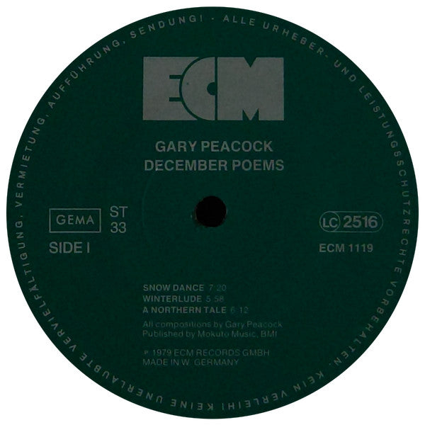 Gary Peacock - December Poems (Vinyl, LP, Album) Very Good Plus (VG+) / Very Good (VG)