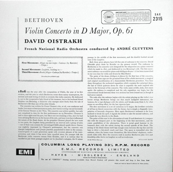 Ludwig Van Beethoven - Violinkonzert D-Dur Op. 61 (Vinyl, LP, Album, Stereo, Reissue) Near Mint (NM or M-) / Very Good Plus (VG+)