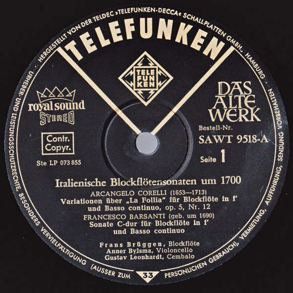 Arcangelo Corelli - Italienische Blockflötensonaten Um 1700 (Vinyl, LP, Album, Stereo) Very Good Plus (VG+) / Very Good Plus (VG+)
