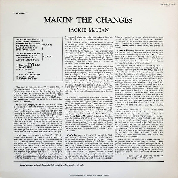 Jackie McLean - Makin' The Changes (Vinyl, LP, Album, Reissue) Good Plus (G+) / Very Good (VG)
