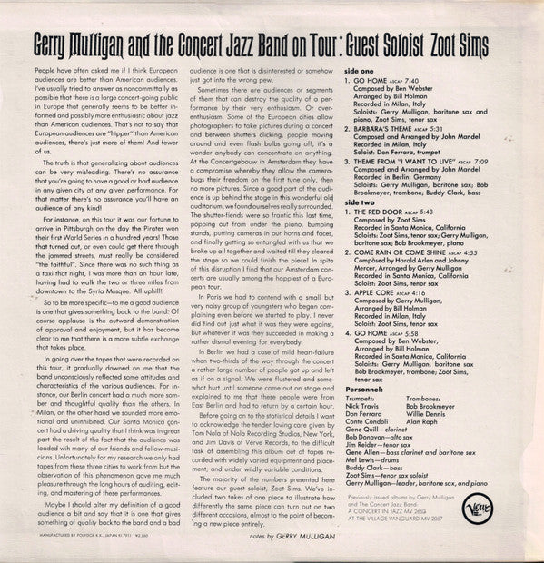 Gerry Mulligan & The Concert Jazz Band - Gerry Mulligan And The Concert Jazz Band On Tour (Vinyl, LP, Album, Reissue, Stereo) Very Good (VG) / Very Good (VG)