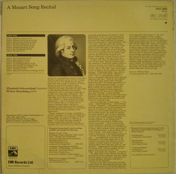 Wolfgang Amadeus Mozart - Mozart Song Recital (Vinyl, LP, Album, Reissue, Stereo) Very Good Plus (VG+) / Very Good Plus (VG+)