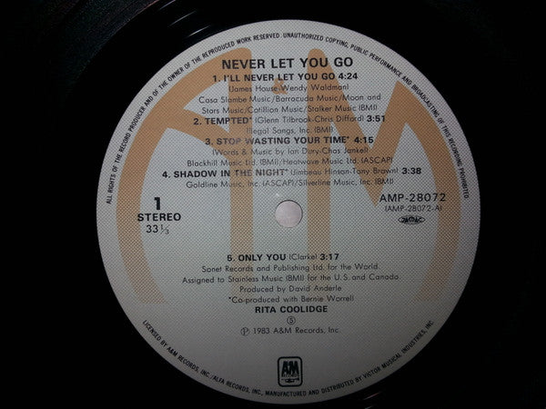 Rita Coolidge - Never Let You Go (Vinyl, LP, Album) Very Good Plus (VG+) / Very Good (VG)