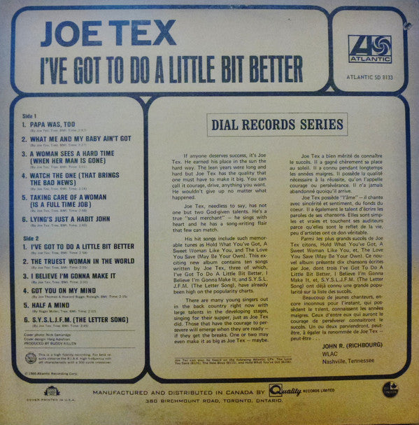 Joe Tex - I've Got To Do A Little Bit Better (Vinyl, LP, Album, Stereo) Good Plus (G+) / Very Good (VG)