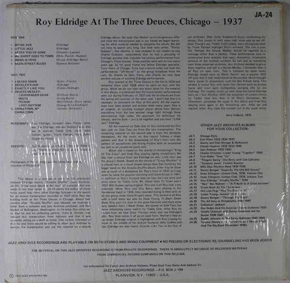 Roy Eldridge - Live! At The Three Deuces Club 1937 (Vinyl, LP) Very Good Plus (VG+) / Good Plus (G+)