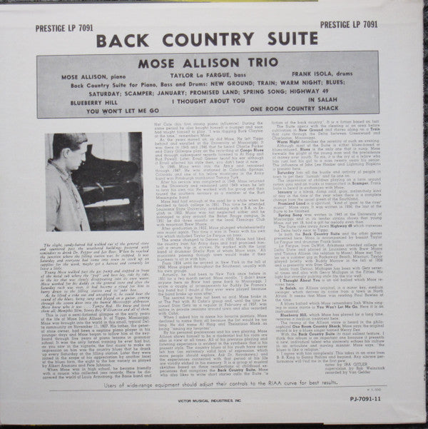 Mose Allison - Back Country Suite For Piano, Bass And Drums (Vinyl, LP, Album, Reissue, Mono) Very Good Plus (VG+) / Very Good Plus (VG+)
