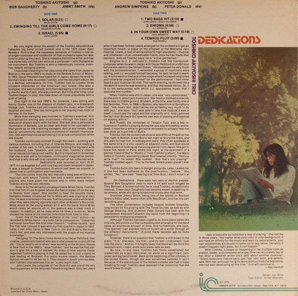 Toshiko Akiyoshi Trio - Dedications (Vinyl, LP, Album) Very Good Plus (VG+) / Very Good (VG)