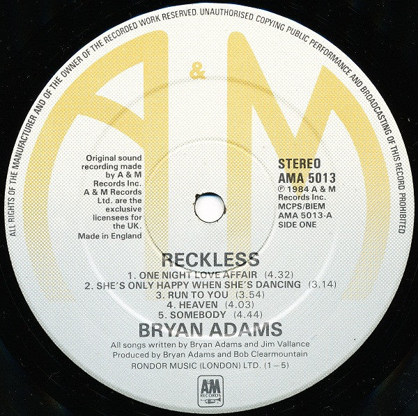 Bryan Adams - Reckless (Vinyl, LP, Album) Very Good (VG) / Good (G)