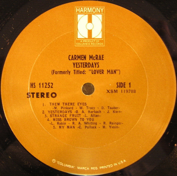 Carmen McRae - Yesterdays (Vinyl, LP, Album, Stereo, Reissue) Good Plus (G+) / Good (G)