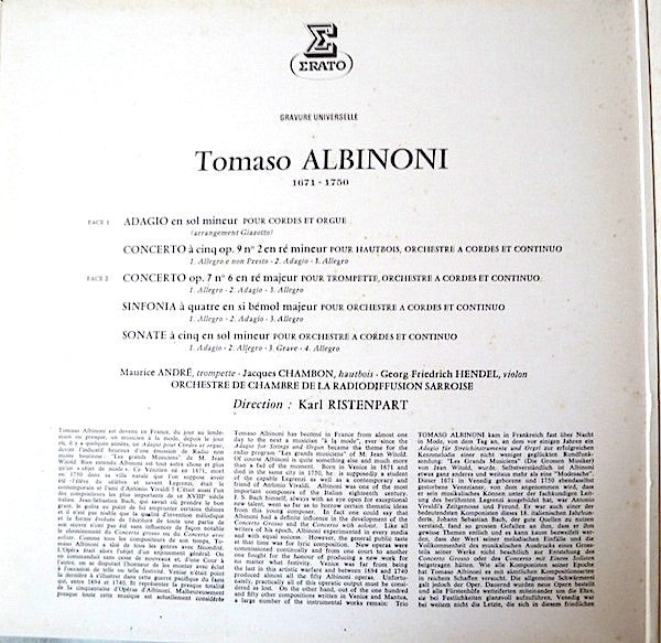 Tomaso Albinoni - Célèbre Adagio - Concertos & Sinfonies Pour Trompette, Hautbois & Cordes (Vinyl, LP, Reissue, Stereo) Very Good Plus (VG+) / Very Good Plus (VG+)