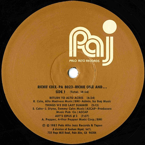 Richie Cole - Return To Alto Acres (Vinyl, LP, Album) Very Good (VG) / Very Good Plus (VG+)