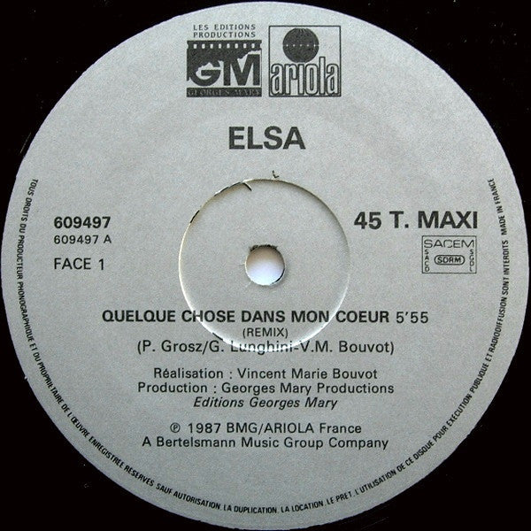 Elsa (2) - Quelque Chose Dans Mon Cœur (Remix) (Vinyl, 12", 45 RPM, Maxi-Single) Very Good Plus (VG+) / Very Good (VG)
