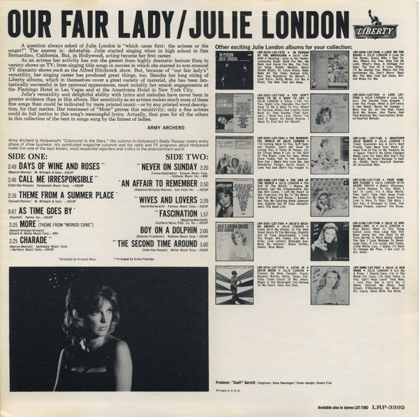 Julie London - Our Fair Lady (Vinyl, LP, Mono, Album) Very Good (VG) / Good Plus (G+)