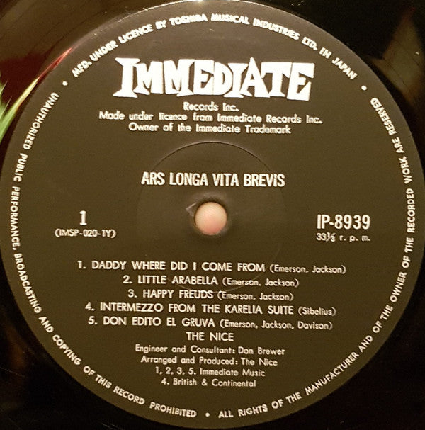 The Nice - Ars Longa Vita Brevis (Vinyl, LP, Album) Good Plus (G+) / Good (G)