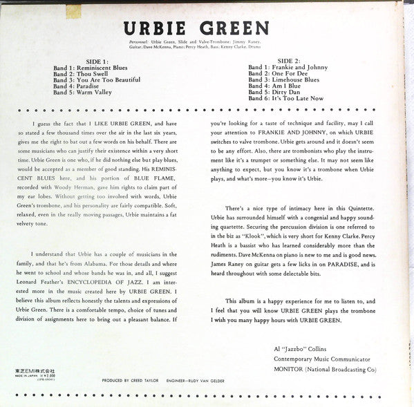 Urbie Green - Blues And Other Shades Of Green (Vinyl, LP, Album) Very Good Plus (VG+) / Very Good Plus (VG+)