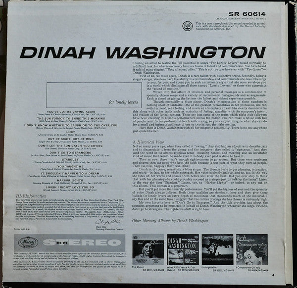 Dinah Washington - For Lonely Lovers (Vinyl, LP, Album, Reissue) Very Good (VG) / Very Good (VG)