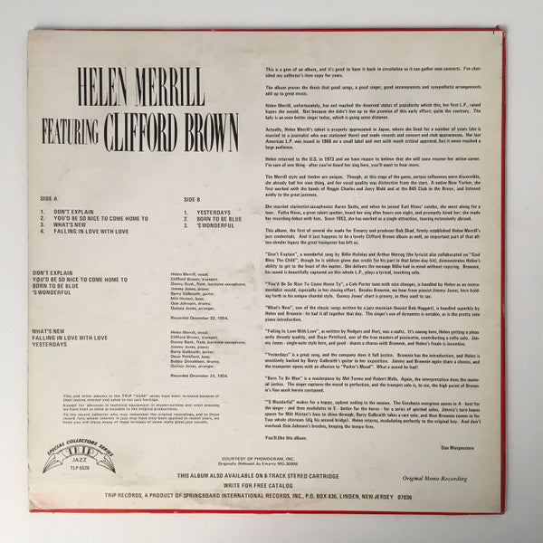 Helen Merrill - Helen Merrill Featuring Clifford Brown (Vinyl, LP, Album, Reissue, Mono) Very Good Plus (VG+) / Good Plus (G+)