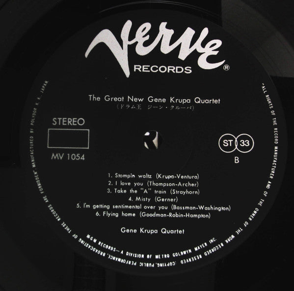 The Gene Krupa Quartet - The Great New Gene Krupa Quartet Featuring Charlie Ventura (Vinyl, LP, Stereo) Very Good Plus (VG+) / Very Good Plus (VG+)