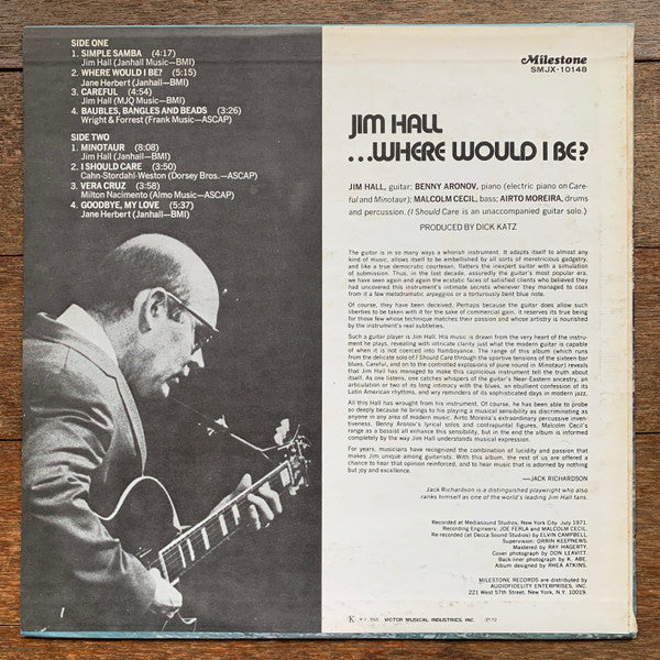 Jim Hall - ...Where Would I Be? (Vinyl, LP, Album) Very Good (VG) / Good Plus (G+)