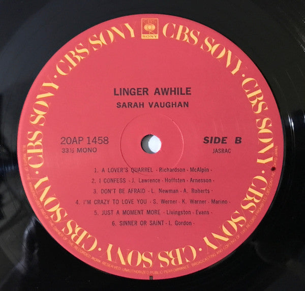 Sarah Vaughan - Linger Awhile (Vinyl, LP, Album, Reissue, Mono) Near Mint (NM or M-) / Near Mint (NM or M-)