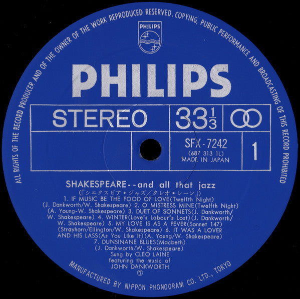 Cleo Laine - Shakespeare – And All That Jazz (Vinyl, LP, Album, Stereo) Very Good (VG) / Very Good (VG)