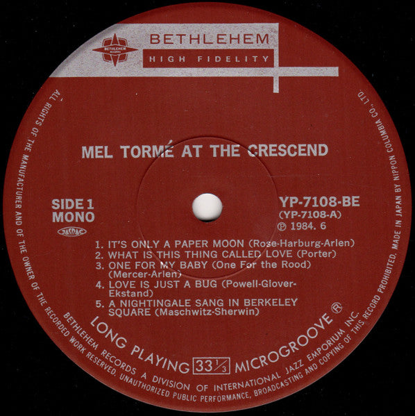 Mel Tormé - Gene Norman Presents Mel Tormé At The Crescendo (Vinyl, LP, Album, Reissue, Mono) Very Good (VG) / Very Good (VG)