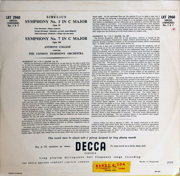 Anthony Collins (2) - Symphonies 3 & 7 (Vinyl, LP, Mono) Very Good Plus (VG+) / Good Plus (G+)