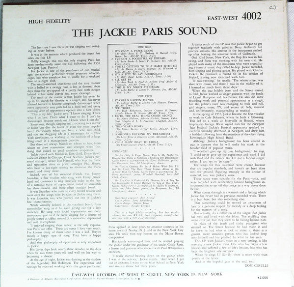 Jackie Paris - The Jackie Paris Sound (Vinyl, LP, Album, Reissue, Mono) Very Good Plus (VG+) / Good Plus (G+)
