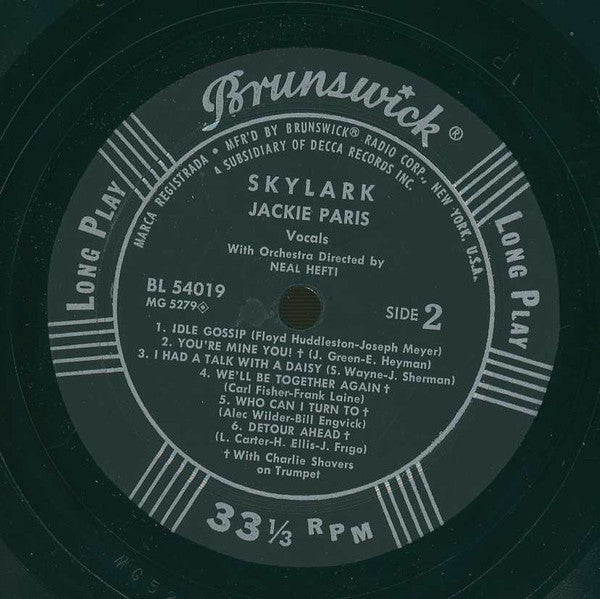 Jackie Paris - Skylark (Vinyl, LP, Album, Mono) Very Good (VG) / Near Mint (NM or M-)