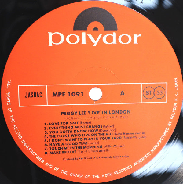 Peggy Lee - Live In London (Vinyl, LP, Album, Stereo) Very Good (VG) / Very Good (VG)