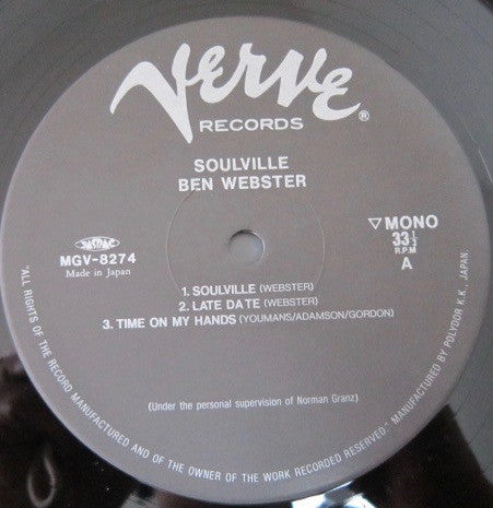 The Ben Webster Quintet - Soulville (Vinyl, LP, Album, Reissue, Mono) Very Good Plus (VG+) / Very Good Plus (VG+)