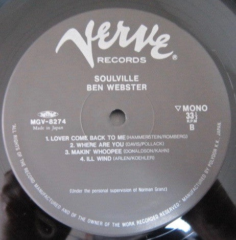 The Ben Webster Quintet - Soulville (Vinyl, LP, Album, Reissue, Mono) Very Good Plus (VG+) / Very Good Plus (VG+)