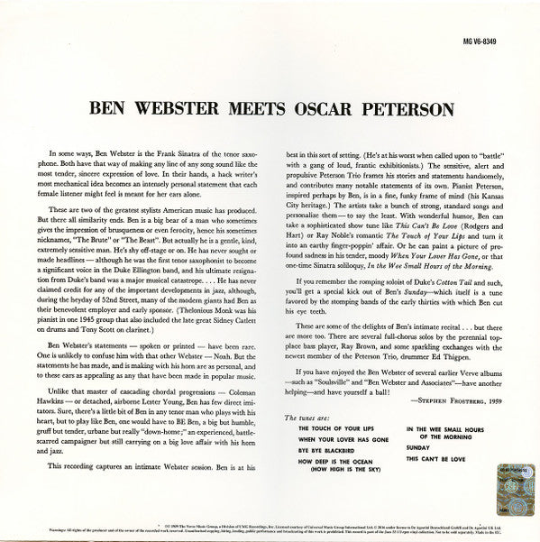 Ben Webster - Ben Webster Meets Oscar Peterson (Vinyl, LP, Album, Reissue, Stereo) Very Good Plus (VG+) / Very Good Plus (VG+)