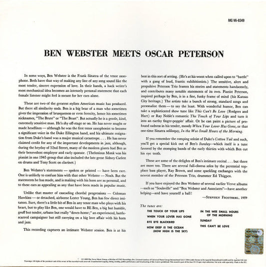 Ben Webster - Ben Webster Meets Oscar Peterson (Vinyl, LP, Album, Reissue, Stereo) Very Good Plus (VG+) / Very Good Plus (VG+)