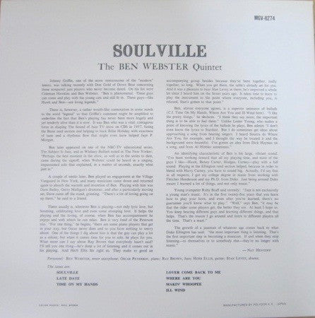 The Ben Webster Quintet - Soulville (Vinyl, LP, Album, Reissue, Mono) Very Good Plus (VG+) / Very Good Plus (VG+)