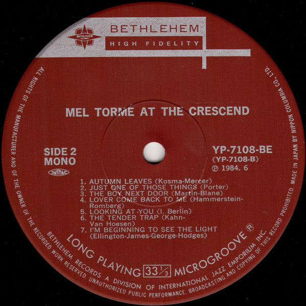 Mel Tormé - Gene Norman Presents Mel Tormé At The Crescendo (Vinyl, LP, Album, Reissue, Mono) Very Good (VG) / Very Good (VG)