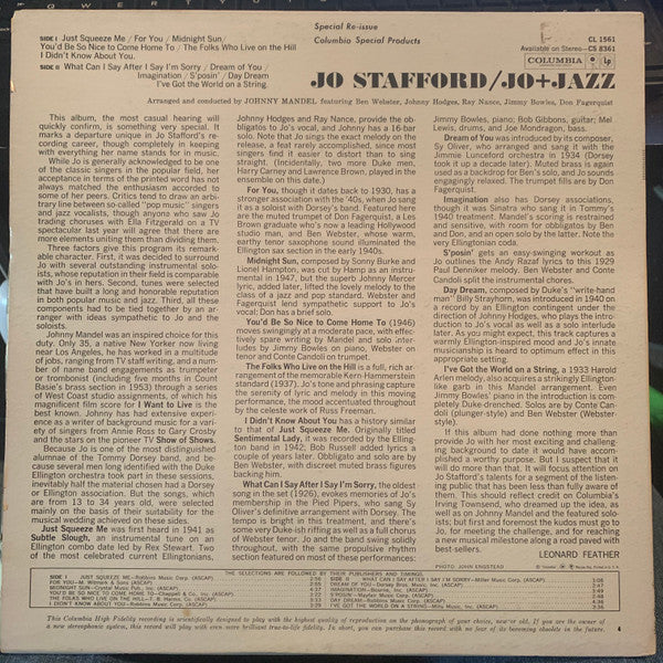 Jo Stafford - Jo + Jazz (Vinyl, LP, Album, Stereo) Good Plus (G+) / Very Good Plus (VG+)