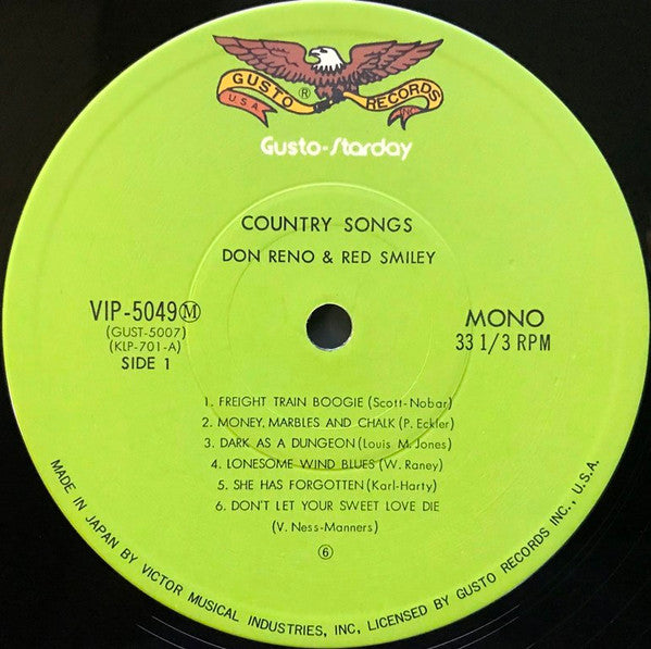 Reno And Smiley - Country Songs (Their Vocal And Instrumental Favorites) (Vinyl, LP, Album, Reissue, Mono) Near Mint (NM or M-) / Very Good Plus (VG+)