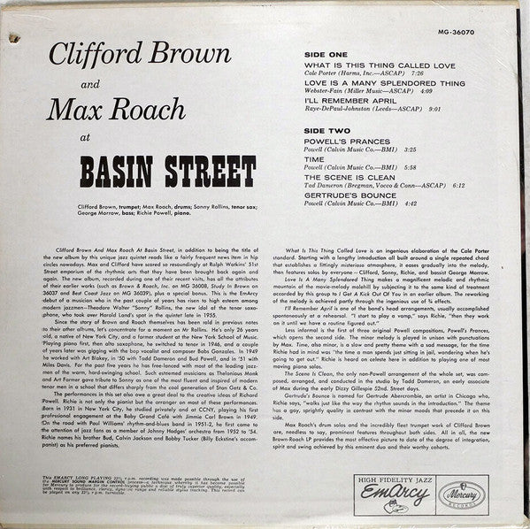 Clifford Brown And Max Roach - At Basin Street (Vinyl, LP, Album, Mono) Good Plus (G+) / Very Good Plus (VG+)