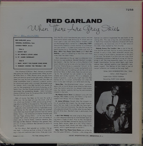 Red Garland - When There Are Gray Skies (Vinyl, LP, Album, Reissue, Stereo) Very Good (VG) / Fair (F)